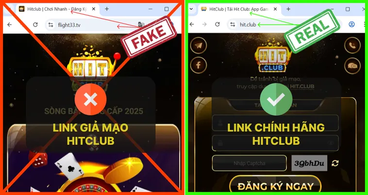 Khi so sánh trực tiếp, logo Hit.Club thật tạo cảm giác chuyên nghiệp và tin cậy, còn logo giả Hit.Club trông tạm bợ và thiếu thẩm mỹ.